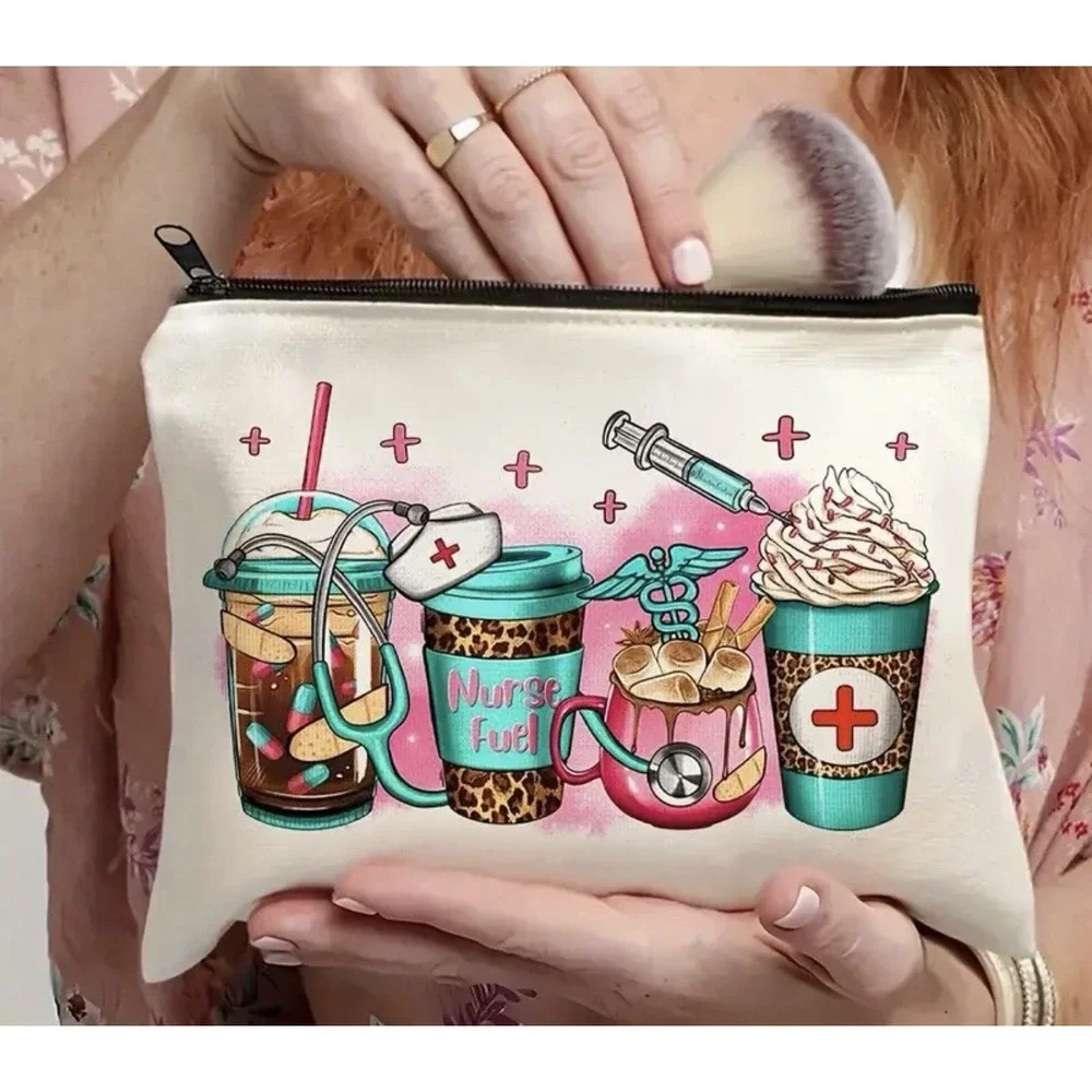Nurse Inspired Design Accessory Bag with Stethoscope & Coffee Zip Closure
